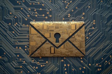 Wall Mural - An encrypted email icon with an envelope made of digital circuitry, and a solid padlock overlaying it, representing secure communication. 