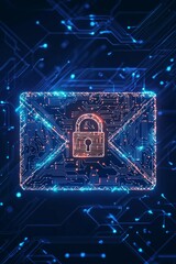 Wall Mural - An encrypted email icon with an envelope made of digital circuitry, and a solid padlock overlaying it, representing secure communication. 