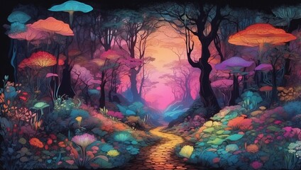 Wall Mural - Stunning illustration of a mystical landscape with glowing pathways and enchanted flora, glowing in the dark with colorful multicolor light, centered on a black background