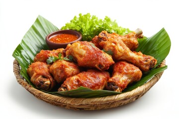 Wall Mural - Pop Chicken, A unique Padang dish where chicken is boiled with spices until tender, then briefly fried before serving. isolated on white background