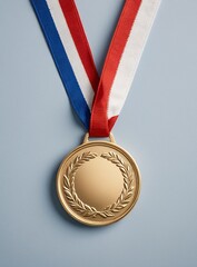 A gold sports medal with a blank surface, set against the French tricolor flag of red, white, and blue.