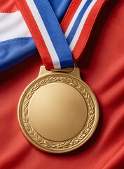 A gold sports medal with a blank surface, set against the French tricolor flag of red, white, and blue.