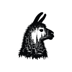 silhouette of Llama filled with destroyed futuristic dystopia environment in rough drawing,