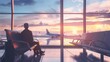 © paper later - A lone traveler sitting in an airport terminal, gazing out at a sunset and an airplane on the tarmac