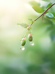 Wall Mural - Dewdrops on green buds with blurred green background.