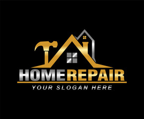 Home repair, maintenance and building construction logo design template, illustration vector home services renovation black background