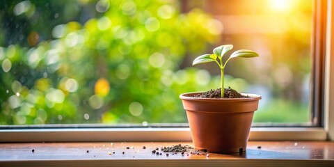 A Single Sprout in a Pot on a Window Sill, Brown Clay Pot, Green Plant, Window View, Sunlight, Potting Soil, Growth