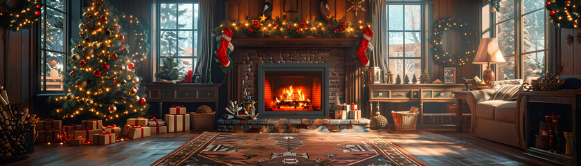 Wall Mural -  A cozy living room featuring a fireplace adorned with festive Christmas decorations, creating a warm holiday atmosphere.