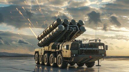 Military air defense battery. Anti missile defense system. 3d illustration