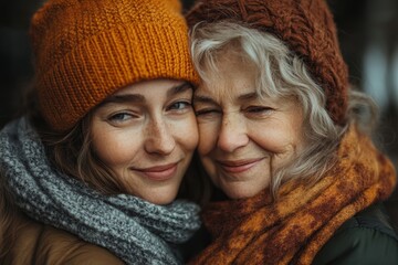 Loving adult daughter embrace old mother feel grateful, Generative AI