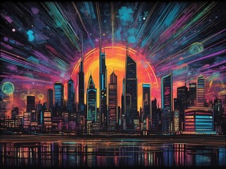 Wall Mural - Stunning illustration of a radiant urban skyline with glowing skyscrapers and neon outlines, glowing in the dark with colorful multicolor light, centered on a black background