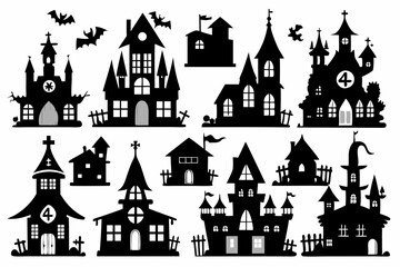 A Silhouette Vector Of Halloween Haunted House set, scary halloween house bundle set