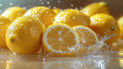 Wall Mural - fresh yellow lemons with glistening water droplets