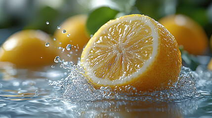 Wall Mural - Freshly sliced and whole lemons with water splash 