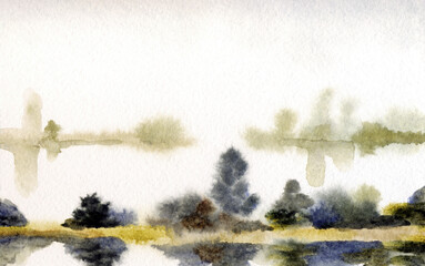 Sticker - Watercolor landscape. Autumn on the lake