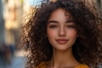 Wall Mural - Portrait of young woman with curly hair in the city, Generative AI