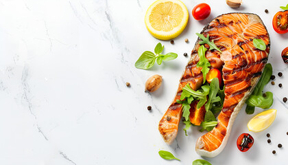 Poster - Grilled Salmon steak and fresh vegetable salad with a lemon over white marble background. Healty food concept. Top view with copy space