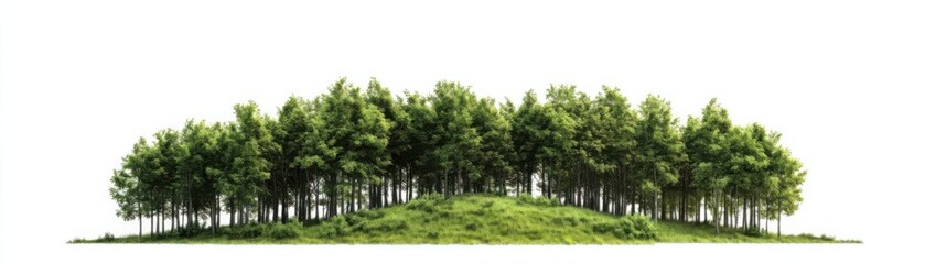 Wall Mural - Vibrant green forest on a small hill under a clear, white sky. Peaceful and minimalist landscape.