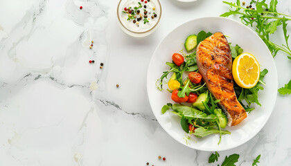 Poster - Grilled Salmon steak and fresh vegetable salad with a lemon over white marble background. Healty food concept. Top view with copy space