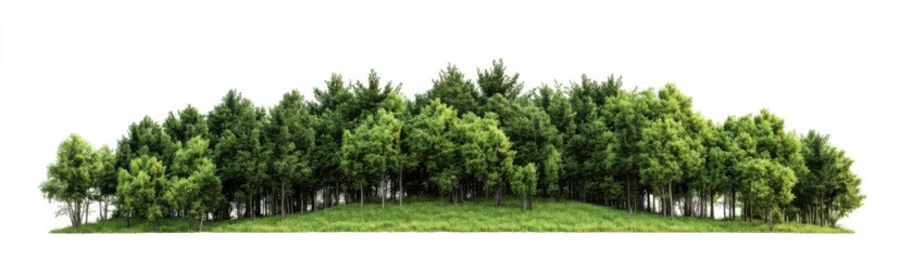 Sticker - A dense cluster of green trees on a grassy hill under a clear sky.