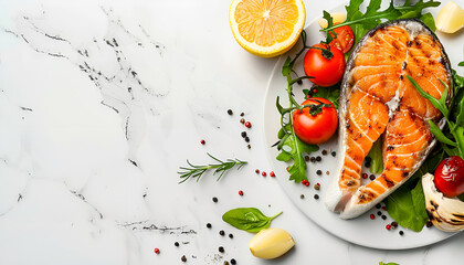 Poster - Grilled Salmon steak and fresh vegetable salad with a lemon over white marble background. Healty food concept. Top view with copy space