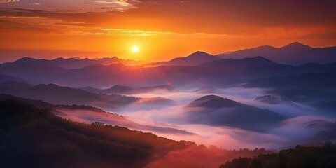 Breathtaking sunset over misty mountains creates a serene and peaceful landscape, perfect for relaxation and nature appreciation.