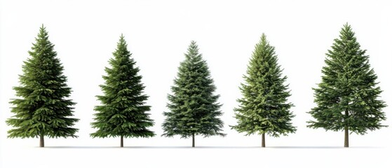 Wall Mural - A row of five green evergreen trees standing tall in an isolated, bright environment.