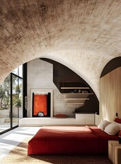 Poster - Modern Bedroom Interior Design with Curved Ceiling and Large Windows