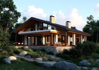 Wall Mural - Modern House Design with Stone Wall and Balcony