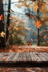 Wall Mural - A wooden table surrounded by falling leaves in autumn