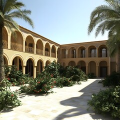 Sticker - Spanish Colonial Courtyard With Palm Trees and Arched Windows