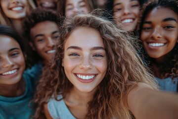 Diverse group of people having fun taking selfie portrait together outside. Pretty woman smile at camera standing together with college student friends. Youth community and friendship, Generative AI