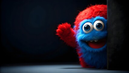 Red and blue monster peeking out from a dark black background, monster, red, blue, eyes, scary, spooky, creature