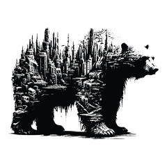 silhouette of Polar bear posefilled with destroyed futuristic dystopia environment in rough drawing,