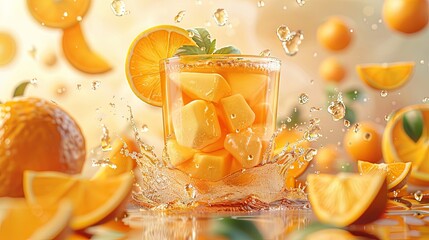 Illustration of orange fruits splashing around the glass with orange juice pulp. Healthy sweet summer refreshment liquid vitamin drink 