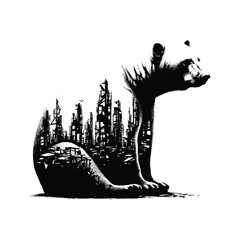 silhouette of Polar bear posefilled with destroyed futuristic dystopia environment in rough drawing,