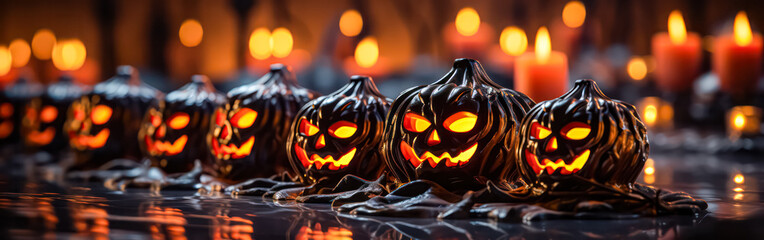 Wall Mural - A row of candles alongside orange, purple, and black pumpkins on a table. Ideal for creating a festive and seasonal atmosphere for Halloween or autumn-themed events.