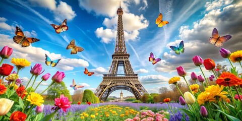 Eiffel Tower Springtime with Butterflies, Paris, France , Eiffel Tower, spring , flowers, butterflies