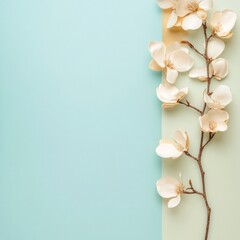 Poster - A minimalist arrangement of a branch with white flowers against a pastel background.