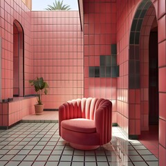 Wall Mural - Pink Tile Room with a Swivel Chair