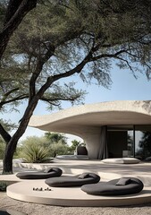 Sticker - Modern Architecture Design with Curved Concrete Roof and Outdoor Furniture