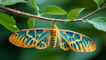 The hairy butterfly chrysalis hang among the green leaves, showing the wonder of nature and the transformation of life.