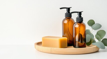 Two amber bottles with black pump heads sit on a bamboo tray adorned with eucalyptus leaves, showcasing natural hair care products against a white backdrop