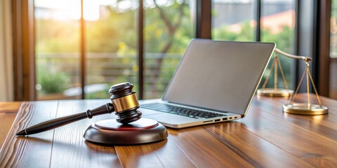 Gavel on Wooden Desk with Laptop and Scales, Law , Justice , Digital , Technology