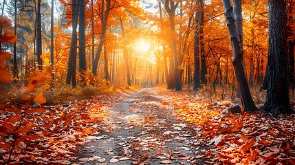 Wall Mural - vibrant autumn forest path with sunlit leaves and scenic beauty