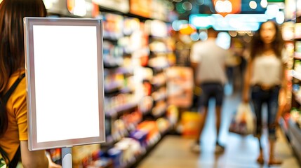 Wall Mural - Blank White Sign In A Supermarket Aisle With Blurred Customers