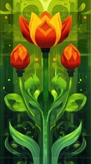 Poster - A vibrant digital illustration of stylized flowers with geometric shapes and a green background.