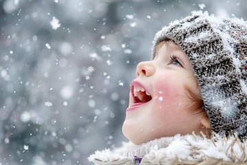 child enjoying snowfall with awe and excitement