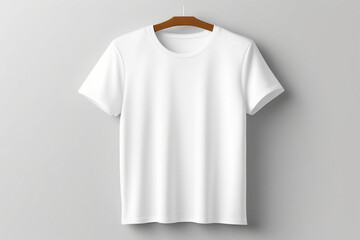 Plain white t-shirt hanging on a wooden hanger against a grey background.