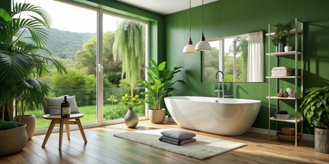 Green Oasis Bathroom with Freestanding Tub and Lush Greenery, bathroom design, bathtub decor, green interior, spa bathroom